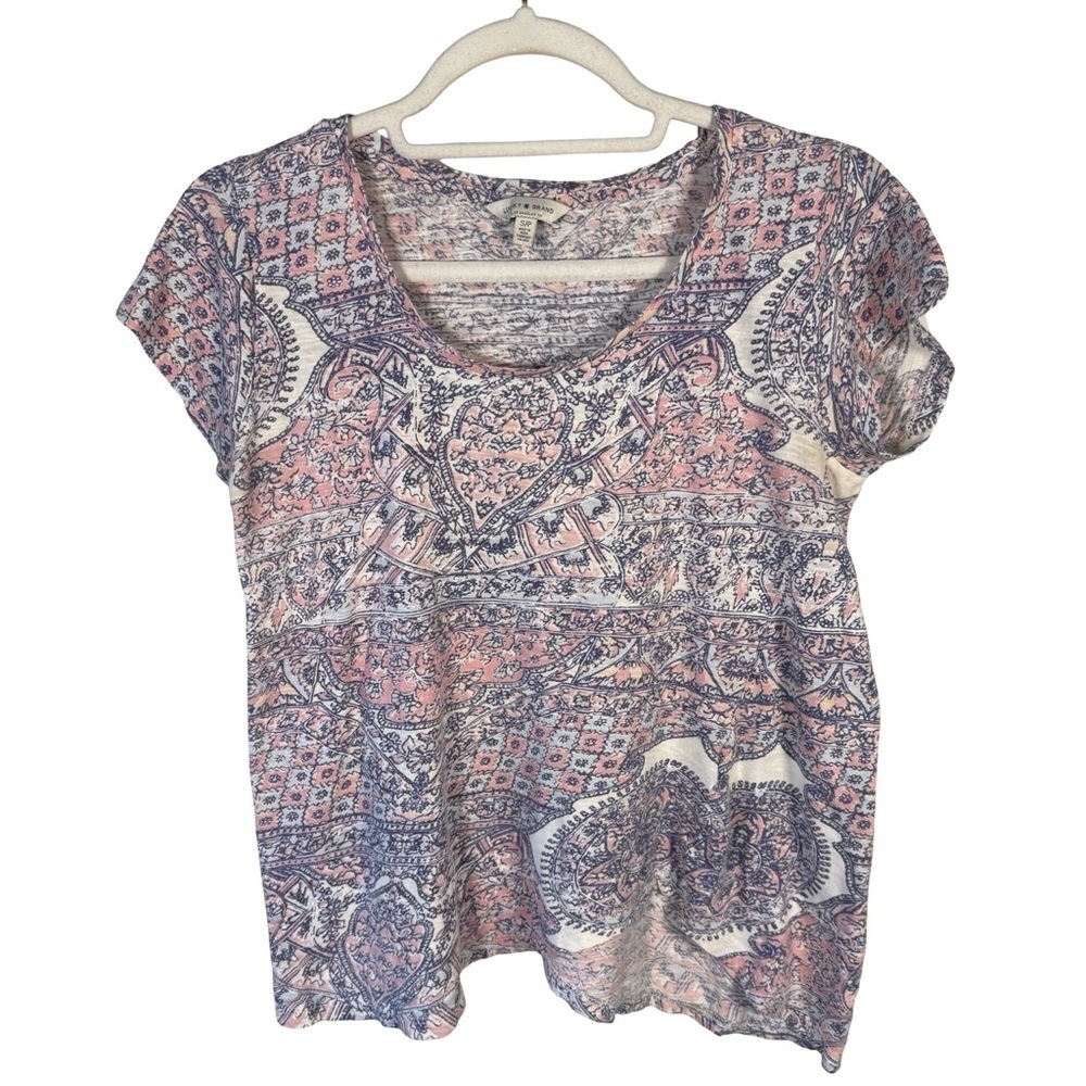 Lucky Brand Pink and Blue Paisley Short Sleeve Top Size S Boho Cottagecore
